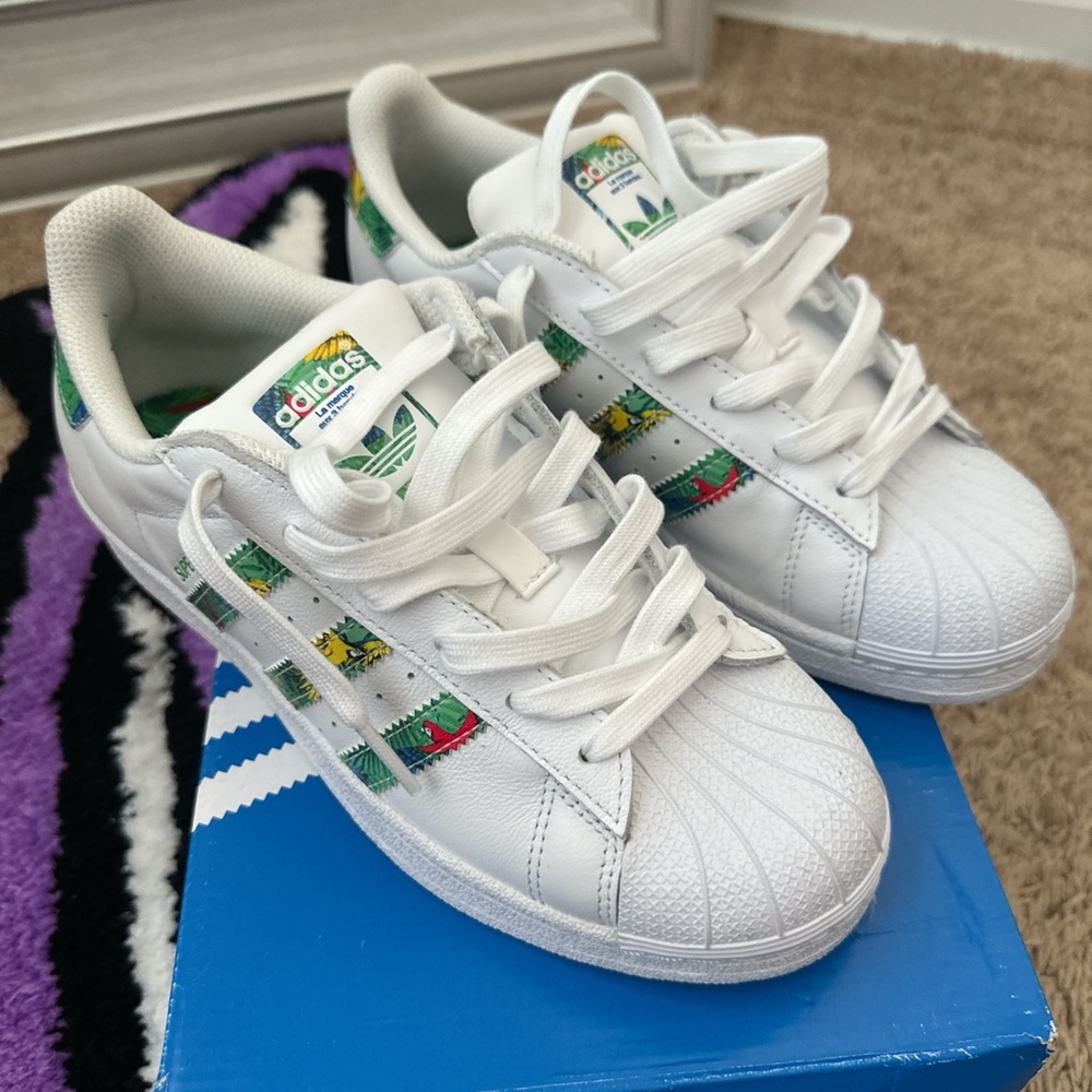 Adidas White Sneakers with Green and Yellow Accents
